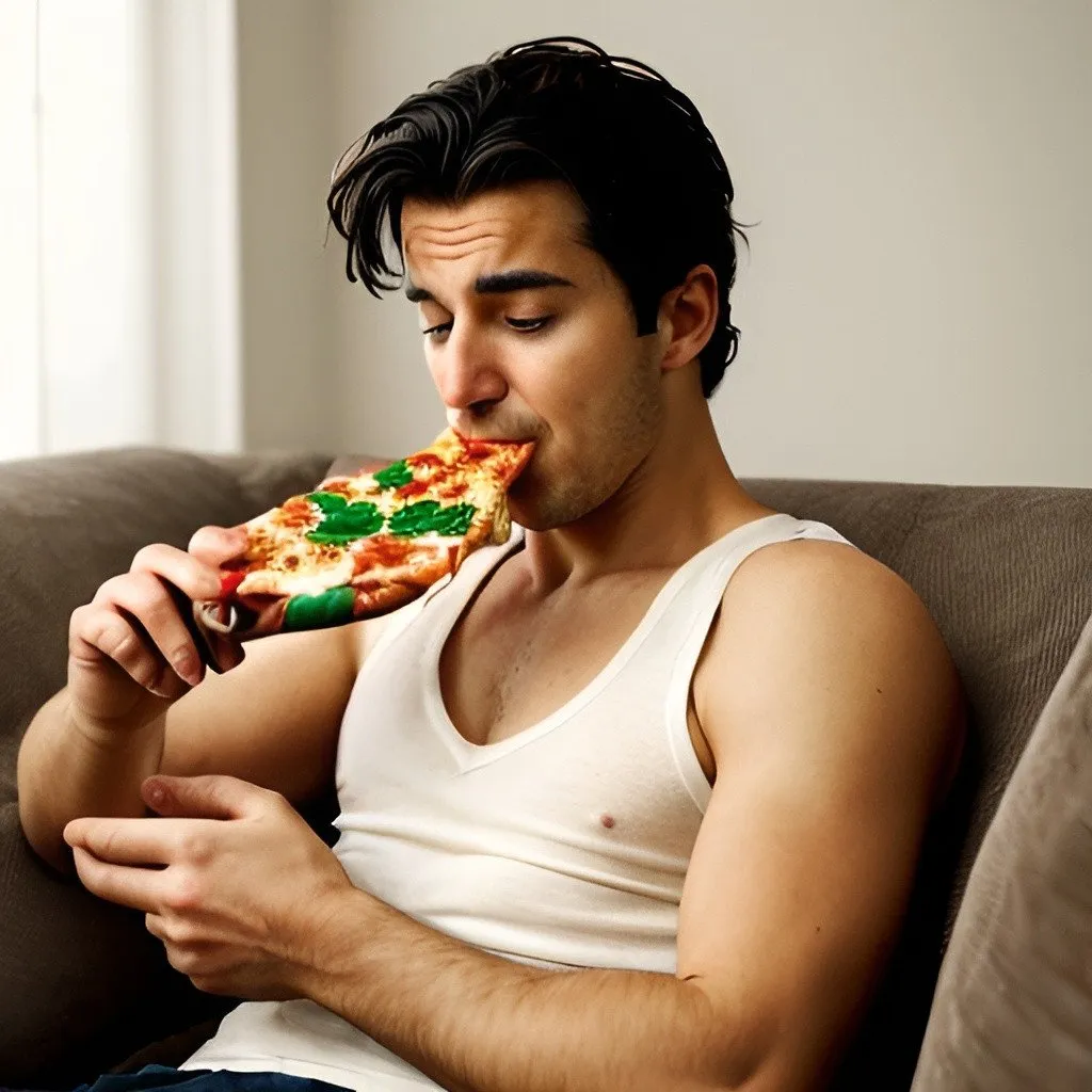 Prompt: A man loving pizza on a couch