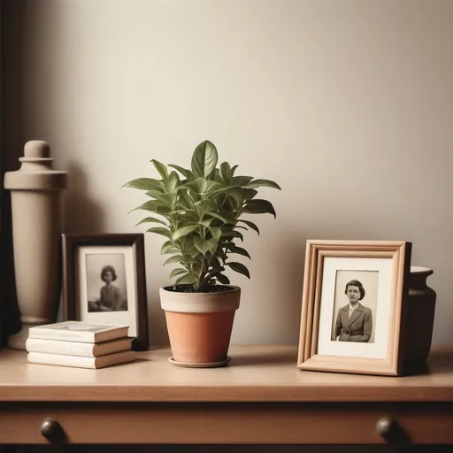 Prompt: a vintage style photo of a small potted plant on a table top next to a small framed picture of a person. Make the photo feminine and soft.