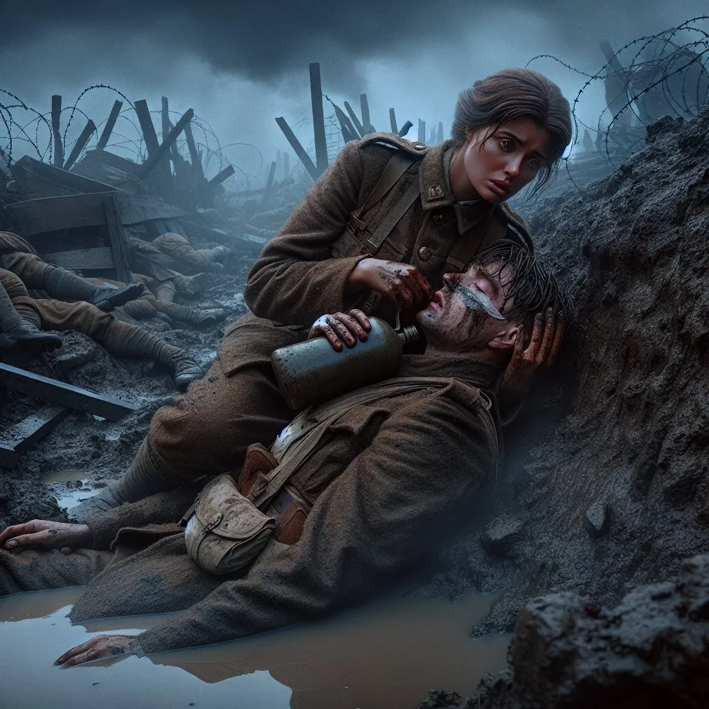 Prompt: A realistic First World War photo in no man's land at night. It is serious, harsh and gritty. 

A brown-eyed caucasian female British infantry Lieutenant wearing a muddy British World War 1 Army uniform is kneeling beside an unconscious wounded male world war one soldier who is lying on his back in the mud with a dirty bandage around his forehead. She is holding a canteen of water near the wounded man's mouth.  They are against the side of a huge bomb crater and the tops of their heads are below the top of the crater. There is a pool of still muddy water in the bottom of the shell crater. 

In the background is mist, tangled barbed wire, dead soldiers and smashed wood. 