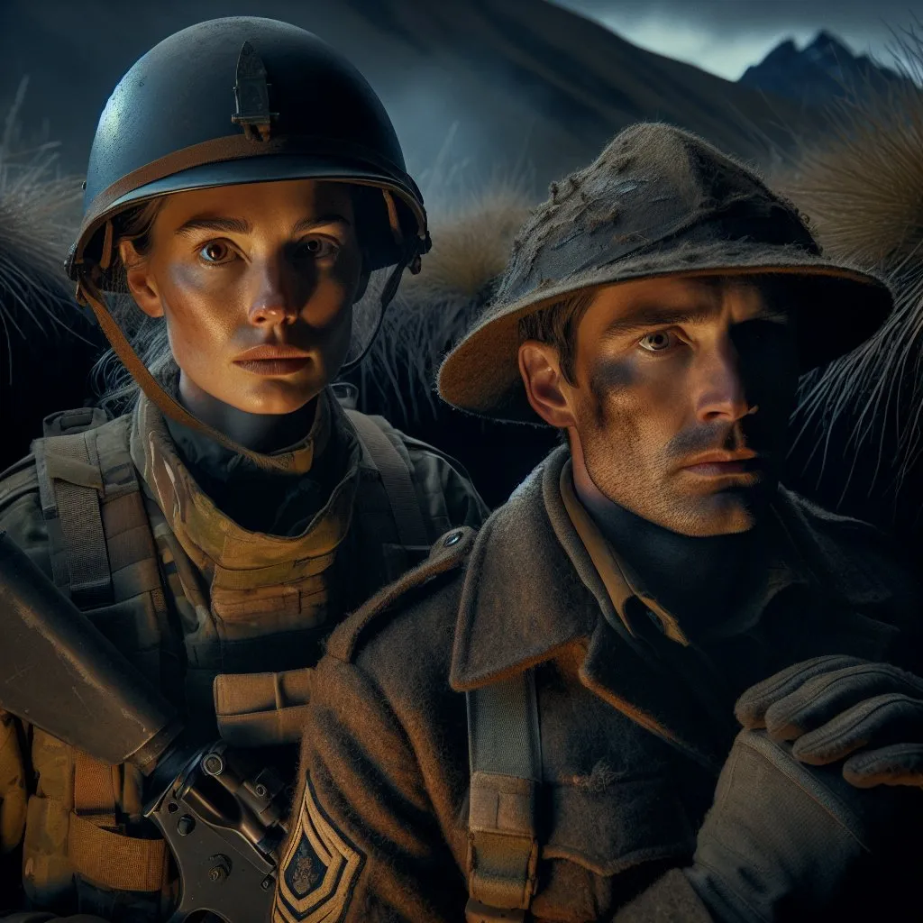 Prompt: A nighttime movie colour photograph. 

A “2024 era” Brown-eyed, caucasian New Zealand, female lieutenant who is wearing the USA “Army Combat Uniform (ACU)” and a modern dirty “New Zealand Enhanced Combat Helmet,” and modern camouflage combat uniform, is staring at a 30 year old, male New Zealand Sergeant, in British First World War uniform. They stand side by side in a foxhole. He is serious and focused.

Waiouru tussock on a dark, broody, war film, cold night. Mount Ruapehu is in the background.
