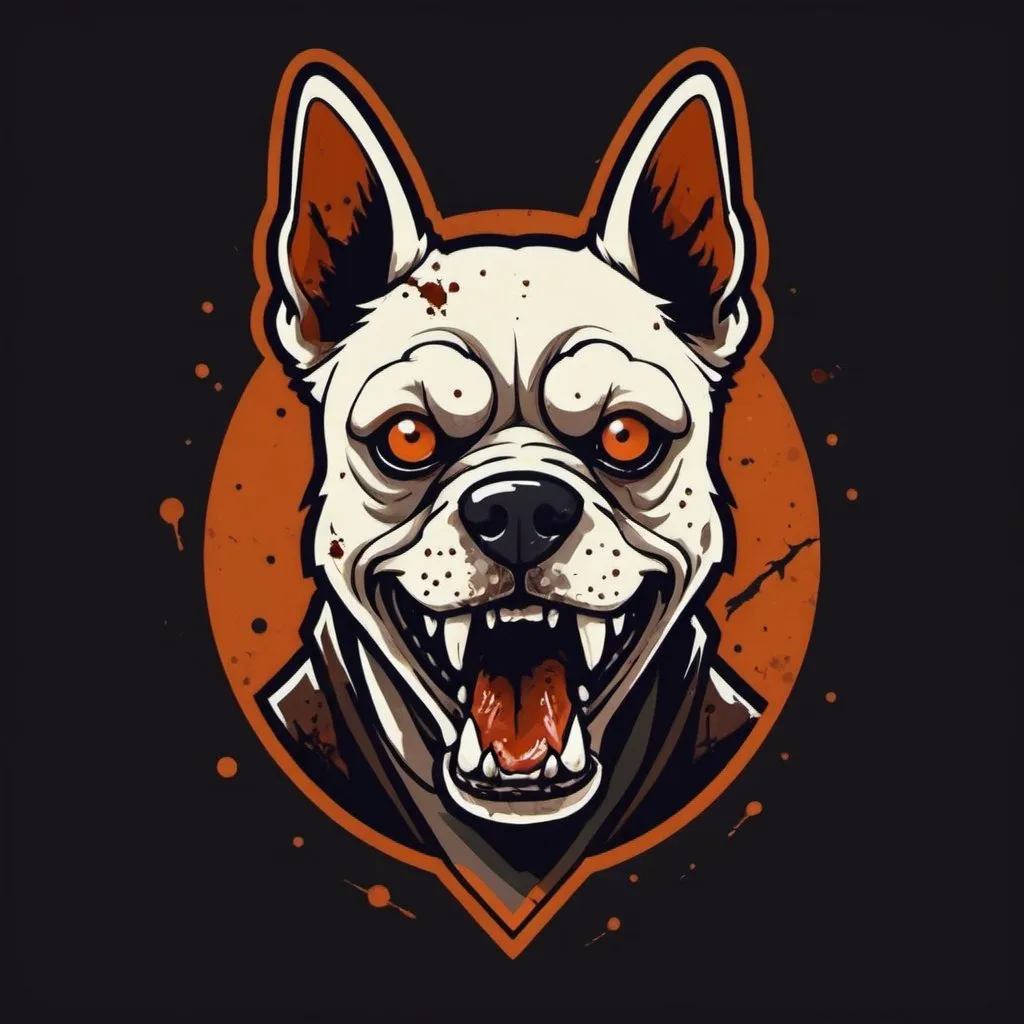 Prompt: I'd like a logo with a chewing dog, in an undead style and in the style of the game rust