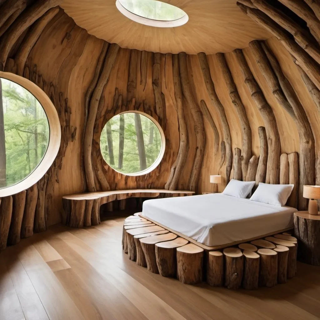 Prompt: Room designed from tree trunks