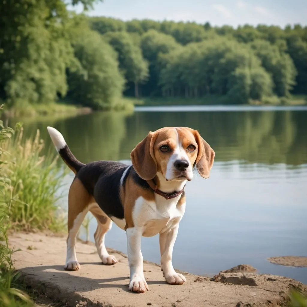 Prompt: photo extérieure d'un chien beagle, âge moyen, ambiance estivale, un après-midi, au bord d'un lac, style movie poster 