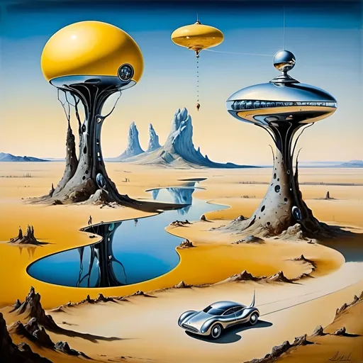 Prompt: Créez une peinture highly detailed représentant un futur rêvé, en vous inspirant du style surréaliste de Salvador Dalí. Intégrez des éléments de paysages fantastiques avec des montres molles et des objets fondants caractéristiques de Dalí, mais ajoutez-y des objets futuristes tels que des voitures volantes, des gratte-ciel flottants, et des robots humanoïdes. Utilisez des couleurs vives et des formes oniriques pour évoquer un monde à la fois étrange et merveilleux, où le passé et le futur se rencontrent dans un paysage surréaliste. HDR, UHD, 64K
