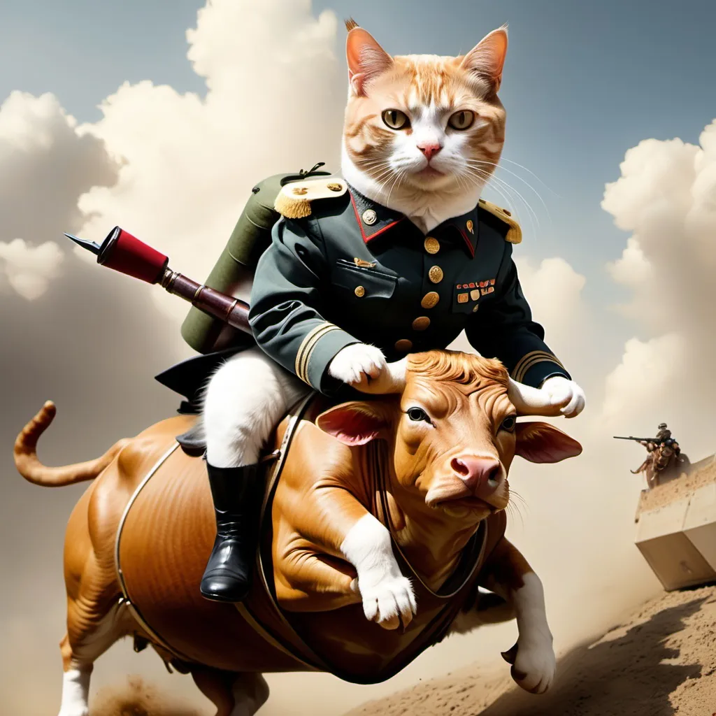 Prompt: Cat military dress riding a bull 