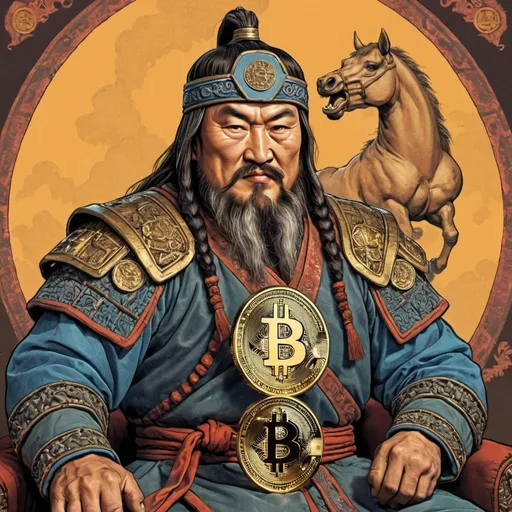 Prompt: Genghis Khan is holding bitcoin
