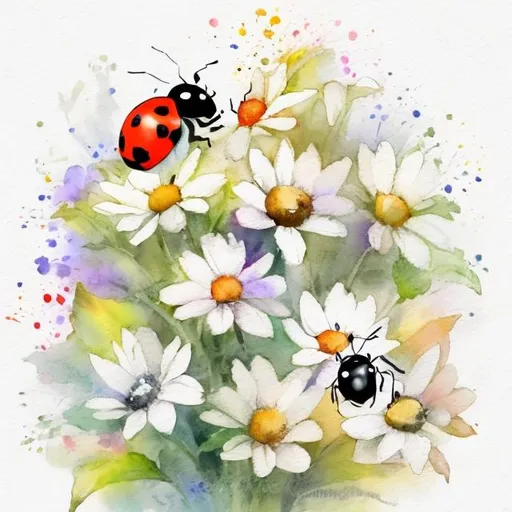 Prompt: Lady bug on a bouquet of white flowers watercolor style