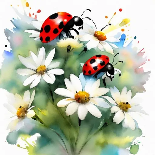 Prompt: Lady bug on a bouquet of white flowers watercolor style