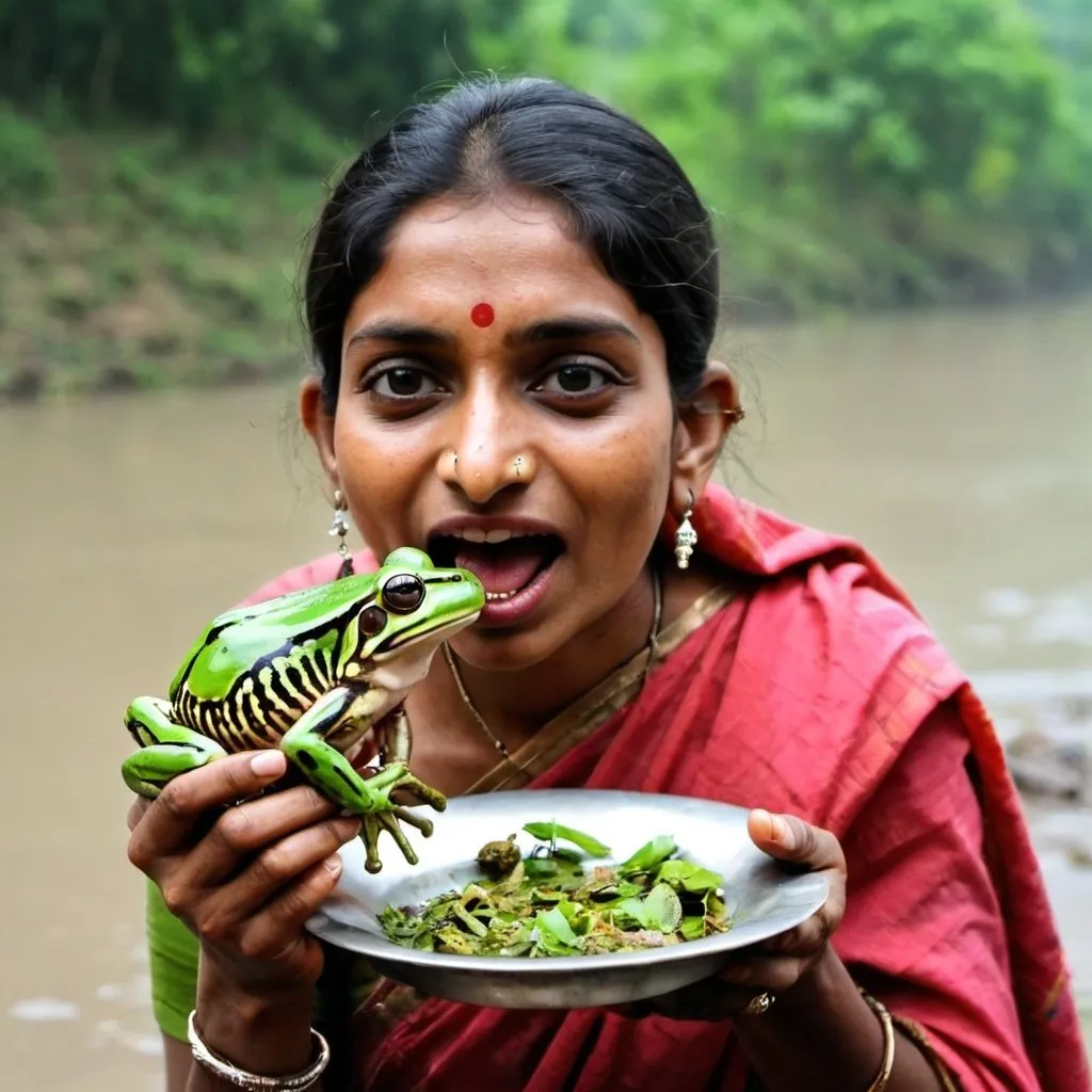 Prompt: a indian women eating frog
