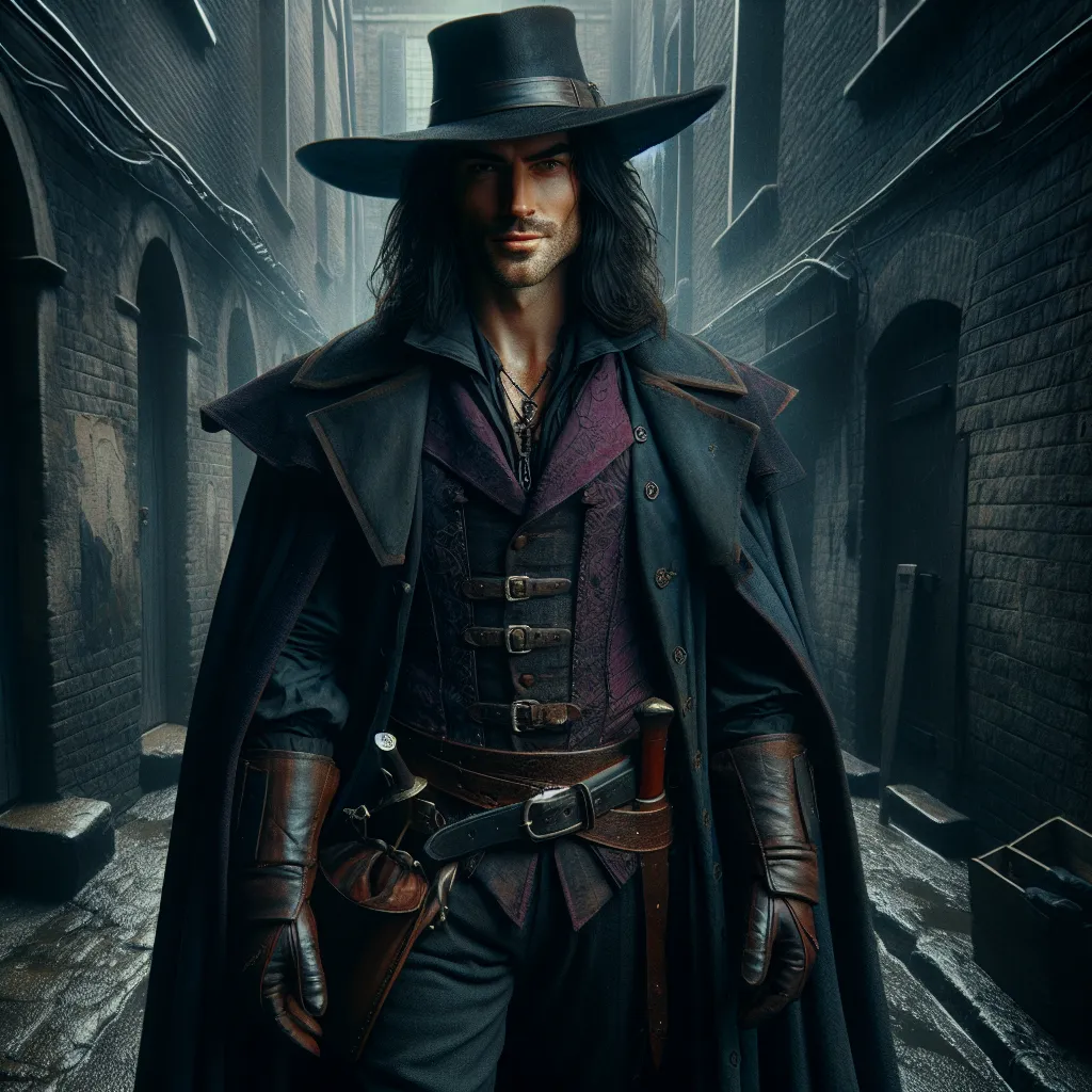 Prompt: Full body portrait, tall male human,super  wide brimmed extending to shoulders, long black hair, olive skin, wide jaw, smirking, wearing long dark coat, purple tunic, dark breeches, alley in background, leather boots, leather bag over shoulder, short sword at belt, medieval fantasy, mysterious wisdom, high quality, detailed, dark tones, dramatic lighting