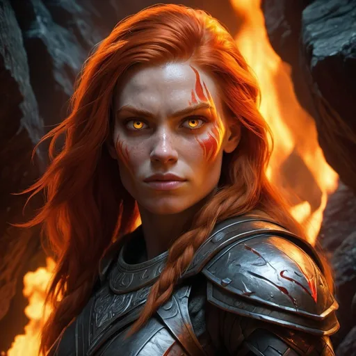 Prompt: A female Fire Giant, 20 feet tall, muscular, with ginger skin, nordic features, her eyes burn with a molten glow,  face is framed by fiery red hair, standing in a cave, dramatic lighting, hyper-realistic details, with digital painting techniques, cinematic lighting, medieval fantasy, High fantasy, epic fantasy