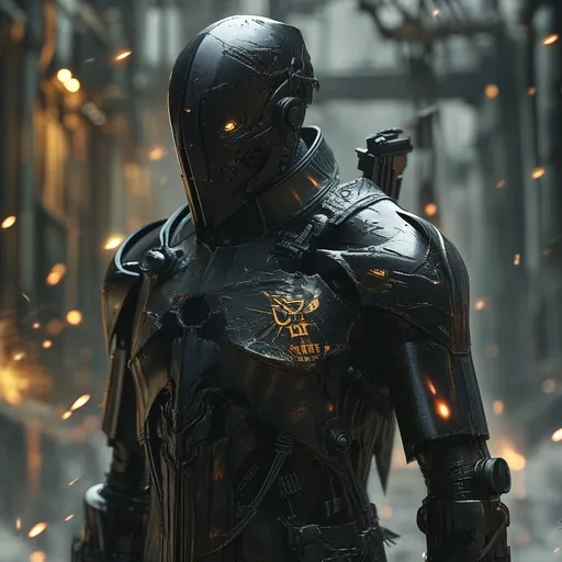 Prompt: A battle-hardened man in his late 40s, clad in matte black armor etched with symbols of anti-synthetic scripture and personal loss. His helmet, often held under one arm, bears the insignia of a shattered infinity loop. His face is gaunt and stern, eyes hollow yet burning with zeal. Scars cross both flesh and plated armor. Across his back is a brutal, oversized rifle with analog elements and ritual markings; at his hip, a plasma-edged blade. He stands at the forefront of a ruined biotech facility, synthetic corpses smoldering behind him. Around his neck hangs a small, battered locket containing his family’s image—or so it seems. The atmosphere crackles with stormlight, the scene solemn, like a battlefield sermon.

Mood: grim, holy vengeance, post-human sorrow
Lighting: moody, with stormy ambient glow and harsh shadows
Tags: purifier zealot, ex-soldier, clone hunter, tragic hero, war-torn devotion, bioindustrial ruins