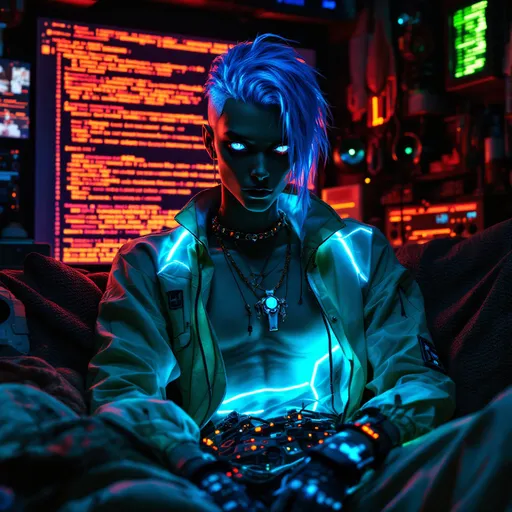 Prompt: A tall, extremely slender nonbinary person with elongated limbs and fingers, showcasing a distinct Marfan-like physique. Their skin is a warm olive tone with subtle biotech tracing lines running along the neck and jaw. Their hair is a vivid electric blue, buzzed on one side and flowing in loose waves on the other, lit with bioluminescent strands. They wears a layered, chaotic ensemble of neon mesh, shimmering bomber jackets, and fingerless gloves packed with hacking tools. Their eyes are oversized, glassy, and iridescent—reflecting lines of scrolling code. They lounge in a cluttered stim-cook den that doubles as a hacker’s nest, surrounded by glowing chemical vials, modded datapads, cracked drones, and floating LED charms. A wall-sized screen behind them pulses with cascading lines of encryption and embedded subliminal imagery. The vibe is punk, unfiltered, and ultratech, with a touch of urban grime and synthetic glamour.