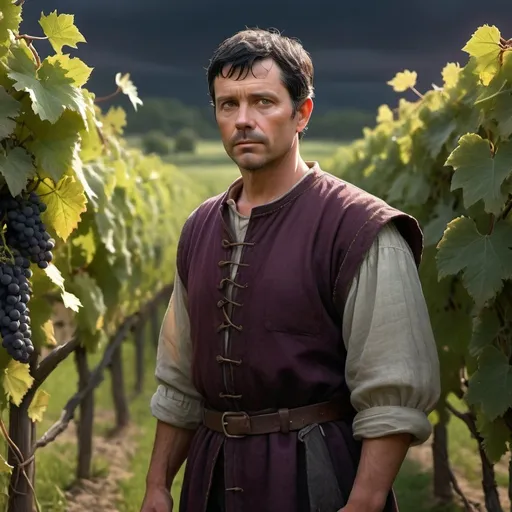 Prompt: A middle aged male field worker, with short black hair, brown eyes, standing among a field of grape vines, dramatic lighting, hyper-realistic details, with digital painting techniques, cinematic lighting, medieval fantasy, High fantasy, epic fantasy