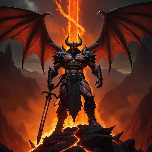 Prompt: (Diablo) holding a flaming sword aloft, huge draconic wings,  full body, wide shot, in hell, Frazetta, dark fantasy, dramatic lighting, intense action, ultra-detailed, high quality, fiery background with lava and brimstone, dark and ominous atmosphere, deep shadows and intense highlights, villainous pose, hellish landscape, vibrant reds and oranges, imposing figure, intricate armor details, powerful stance, strong contrast, cinematic masterpiece, HD 4K.