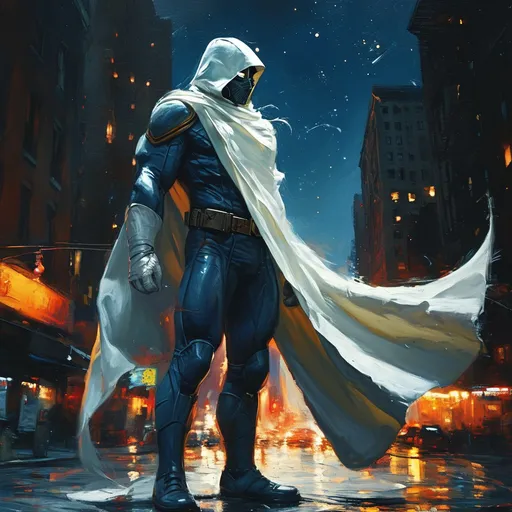 Prompt: Moon Knight, night time, starry sky, wide white cape, cowl, white costume, muscular, athletic, full body, standing, powerful, wide angle, Manhattan, volumetric and dynamic lighting, atmospheric lighting, highres, oil paint, professional, volumetric lighting, dynamic lighting