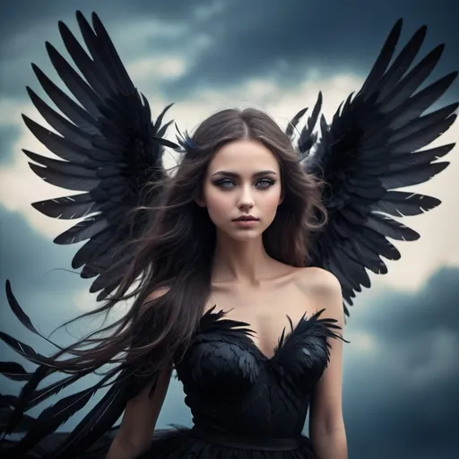 Prompt: (her black wings), striking contrast of dark wings against a bright sky, mystical atmosphere, enchanting and ethereal vibe, feather details, soft yet dramatic lighting, a sense of freedom and boldness, captivating silhouette, high quality, dreamy background, ultra-detailed, fantasy theme, surreal ambiance.