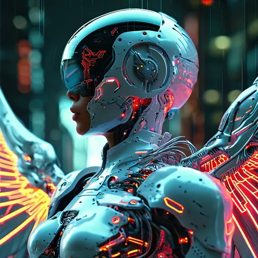 Prompt: Cybernetic Archangel, (futuristic warrior with cybernetic features), glowing wings with high-tech circuitry, dramatic lighting casting strong shadows, vibrant neon colors, sci-fi elements, intricate metal designs, ethereal ambiance, detailed textures, dynamic pose, imposing presence, (highly detailed digital art), atmospheric background with a city skyline at night, (4K resolution).