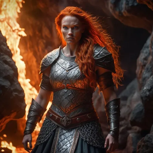 Prompt: A female Fire Giant, 20 feet tall, muscular, with ginger skin, nordic features, her eyes burn with a molten glow,  face is framed by fiery red hair, standing in a cave, chain mail, chain skirt, full body pose, dramatic lighting, hyper-realistic details, with digital painting techniques, cinematic lighting, medieval fantasy, High fantasy, epic fantasy