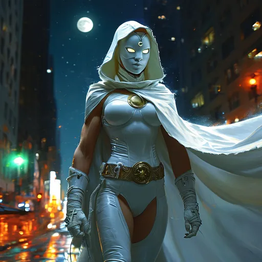 Prompt: female moon knight. night time, starry sky, wide white cape, large cowl, white costume, muscular, athletic, full body, standing, powerful, wide angle, Manhattan, volumetric and dynamic lighting, atmospheric lighting, highres, oil paint, professional, volumetric lighting, dynamic lighting, action pose.