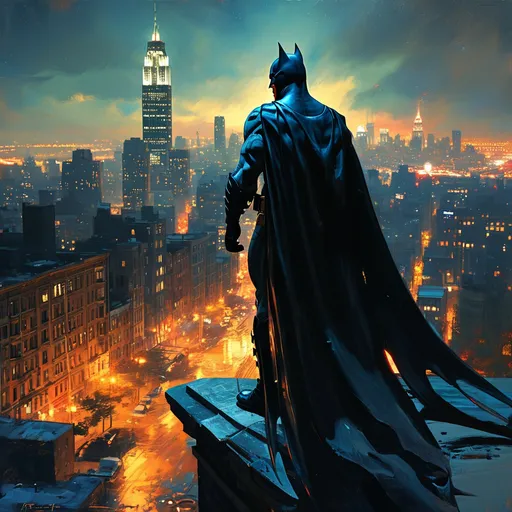 Prompt: batman. night time, starry sky, wide cape, large cowl, muscular, athletic, full body, standing atop a building, powerful, wide angle, Gotham City, volumetric and dynamic lighting, atmospheric lighting, highres, oil paint, professional, volumetric lighting, dynamic lighting, action pose.
