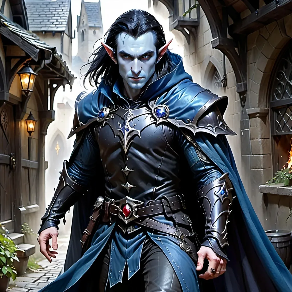 Prompt: an elf, with sharp features, blue skin,  long black hair, piercing eyes, clad in black leather armor that blends seamlessly with the shadows, black cloak flowing, black boots, daggers at his waist, high quality, detailed, dark tones, dramatic lighting, fantasy art, photorealistic, hyperrealism, medieval fantasy, sinister, intense action