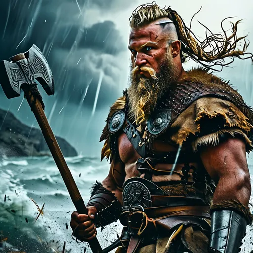 Prompt: (viking warriors attacking), dynamic action scene, (dramatic lighting), intense expressions, realistic facial features, rugged armor and weapons, tumultuous sea backdrop, windswept hair, a thunderstorm overhead, debris flying, high stakes atmosphere, cinematic composition, (4K ultra-detailed), vivid colors, rugged terrain, an aura of historical epic grandeur.