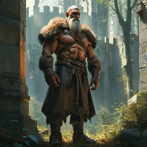 Prompt: A (male goliath), tall, muscled, bald, wearing fur, leather tunic, fur breeches, boots, in front of a stone building in a forest, (dramatic lighting), hyper-realistic details, digital painting techniques, cinematic lighting, medieval fantasy setting, high fantasy atmosphere, epic fantasy mood, vibrant yet moody color tones, ultra-detailed, 4K resolution.