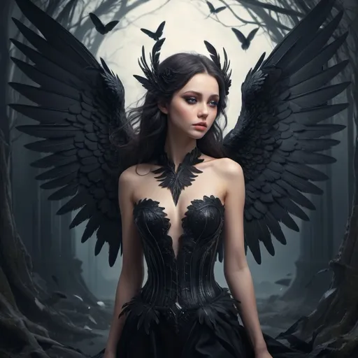 Prompt: (her black wings), high quality, ultra-detailed, fantasy theme, surreal ambiance.
