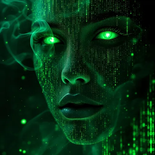 Prompt: Visualize a striking visage composed entirely of cascading green Matrix code, shimmering as if alive. The face is partially illuminated by the faint glow of the digital characters, creating sharp contrasts against the surrounding darkness. Wisps of vapor gently curl and swirl around the figure, suggesting a digital realm where reality bends. The expression is enigmatic, with eyes that seem to pierce through the matrix like glowing emeralds, reflecting fragments of code and light. Flickers of static dance around, enhancing the technological ambiance. A subtle haze hangs in the air, evoking a sense of mystery. Suggest exploring this scene in a sleek, high-tech style, reminiscent of cinematic lighting, emphasizing the interplay of light and shadow to elevate the atmosphere.