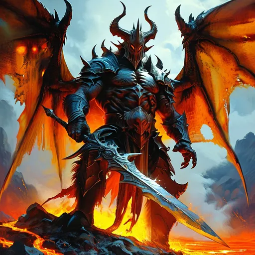 Prompt: (Diablo) holding a flaming sword aloft, huge draconic wings, full body, wide shot, in hell, Frazetta, dark fantasy, dramatic lighting, intense action, ultra-detailed, high quality, fiery background with lava and brimstone, dark and ominous atmosphere, deep shadows and intense highlights, villainous pose, hellish landscape, vibrant reds and oranges, imposing figure, intricate armor details, powerful stance, strong contrast, cinematic masterpiece, HD 4K.