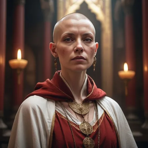 Prompt: A middle aged female human acolyte with a shaved head, scalp tattoos, wearing layered red, white, and gold, holy robes, cloak, in a temple, dramatic lighting, hyper-realistic details, cinematic lighting, medieval fantasy, High fantasy, epic fantasy