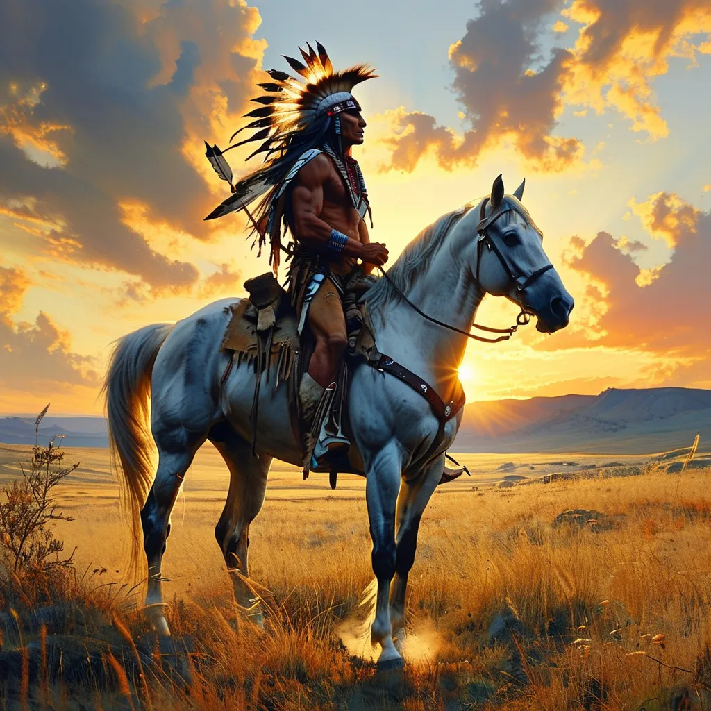 Prompt: (native american warrior on horseback), overlooking expansive plains, dynamic pose, noble stance, sun setting in the background, casting warm golden hues over the landscape, details of warrior attire, strong expression of determination, majestic stallion, high quality, ultra-detailed, with a cinematic feel of adventure and freedom.