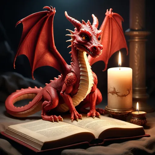 Prompt: A tiny red dragon with a stinger tail, sitting on a book, friendly, candles, parchment, detailed, atmospheric lighting, professional, fantasy art, photorealistic, medieval fantasy, dramatic lighting, hyper-realistic details, cinematic lighting, medieval fantasy