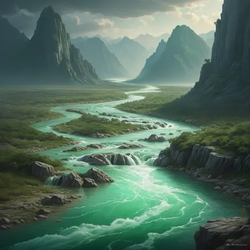 Prompt: River cascading from distant mountains, rugged plains in foreground, jade green water, atmospheric, high quality, dramatic lighting, fantasy art, photorealistic, hyperrealism