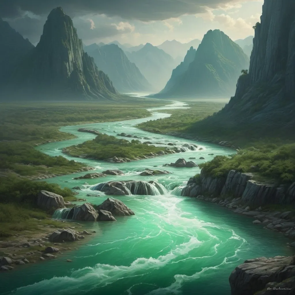 Prompt: River cascading from distant mountains, rugged plains in foreground, jade green water, atmospheric, high quality, dramatic lighting, fantasy art, photorealistic, hyperrealism