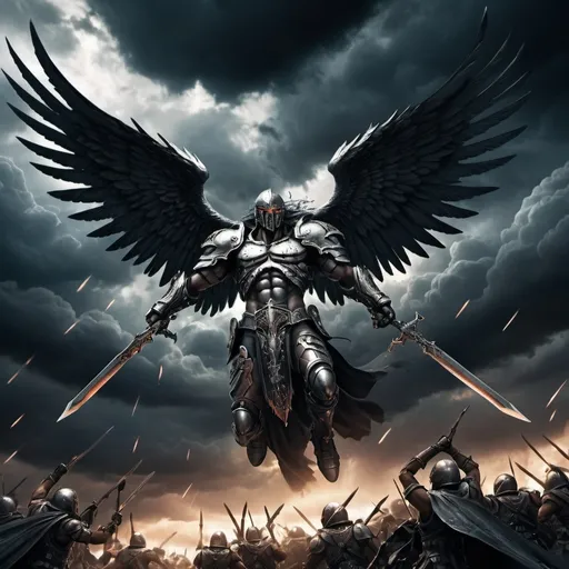 Prompt: (army of vengeance) descending from the clouds, (metallic wings) piercing through the night sky, (dramatic lighting) enhancing the ominous atmosphere, (stormy backdrop) with dark clouds swirling, (battle angels) in fierce poses, reflecting cold steel, (intense emotion) and relentless pursuit, (high resolution) ultra-detailed, capturing the epic struggle of power against will.