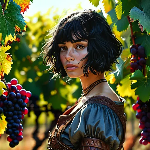 Prompt: (30-year-old female field worker), hyper-realistic details, black pixie cut hair, dark brown eyes, standing among lush grapevines, (dramatic lighting), cinematic atmosphere, high fantasy setting, richly detailed digital painting, vivid colors contrasting with deep shadows, evoking an epic adventurous spirit, enchanting medieval touches, extensive vine-covered landscape seamlessly blending into the horizon, ultra-detailed and immersive image quality.