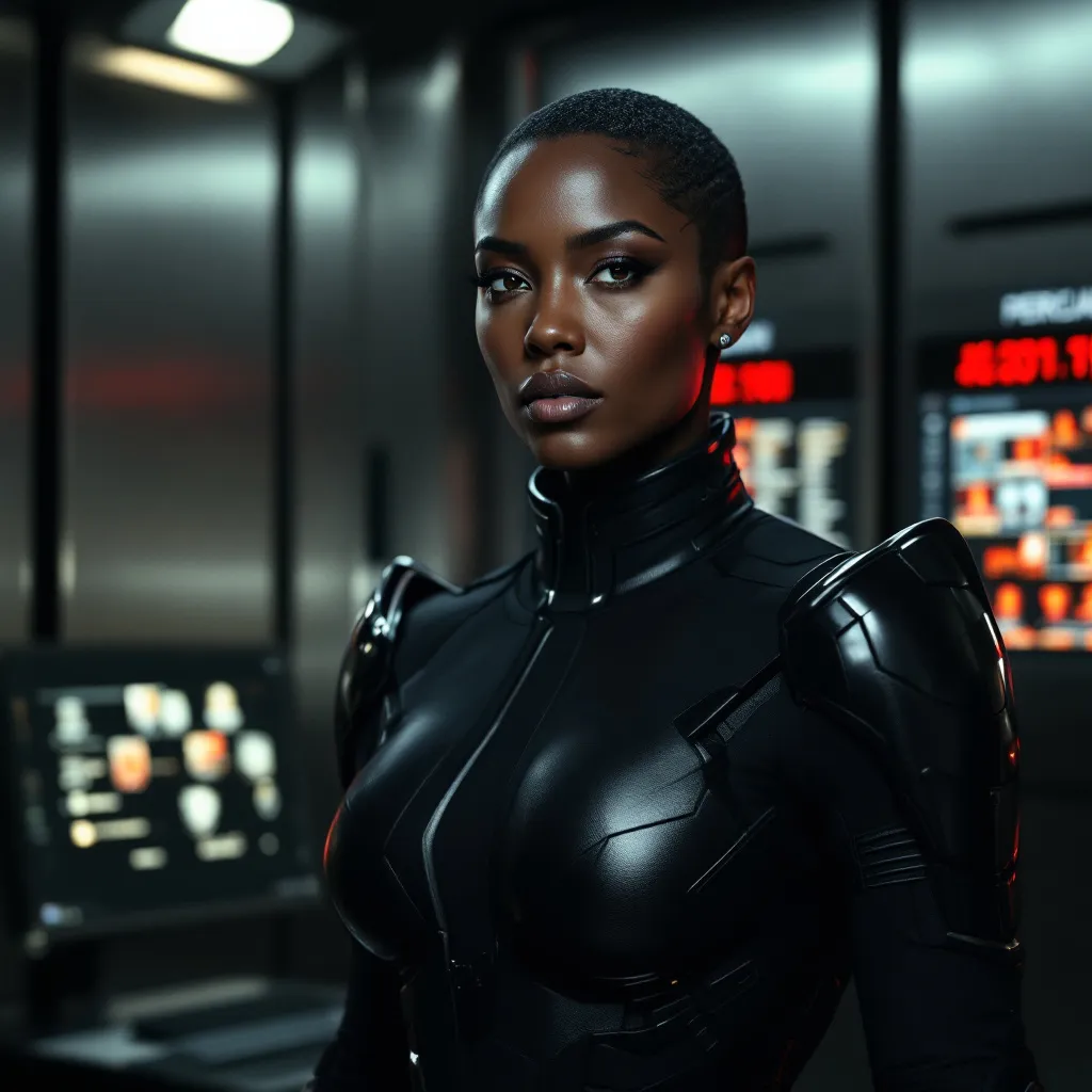 Prompt: A sharp-featured, athletic, muscular, dark-skinned woman in a tailored black armored suit, standing in a high-security control room. Her expression is calm, unreadable. Dim red security lights reflect off polished steel walls. She has short-cropped hair and a neural implant partially visible at her temple. Behind her, holographic displays flicker with surveillance feeds and personnel files. She exudes precision, control, and hidden menace.