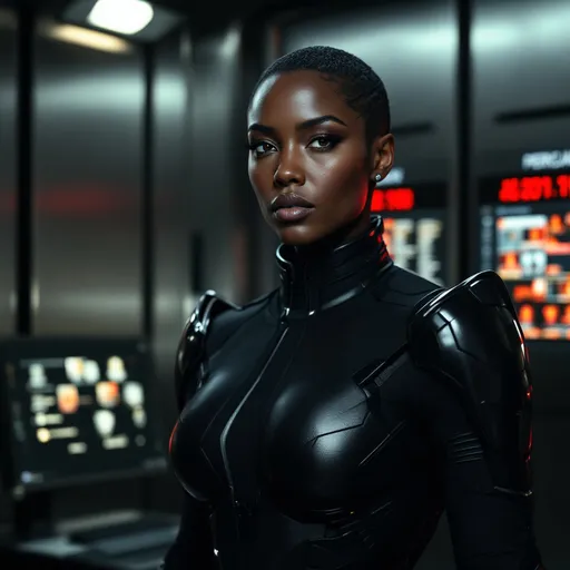 Prompt: A sharp-featured, athletic, muscular, dark-skinned woman in a tailored black armored suit, standing in a high-security control room. Her expression is calm, unreadable. Dim red security lights reflect off polished steel walls. She has short-cropped hair and a neural implant partially visible at her temple. Behind her, holographic displays flicker with surveillance feeds and personnel files. She exudes precision, control, and hidden menace.
