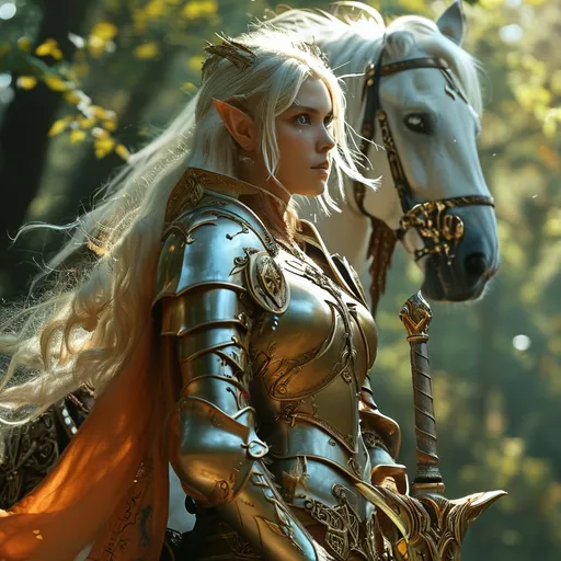 Prompt: elven female paladin riding a unicorn (glorious and majestic), strong facial features, shimmering armor reflecting light, wielding a radiant sword, fae-like ear tips, flowing hair cascading like silk, intricate details on armor, lush mystical forest background, ethereal glow surrounding her, (vibrant colors), mystical ambiance, heroic posture, (ultra-detailed), wide shot, wide angle,  cinematic lighting, epic fantasy vibe.