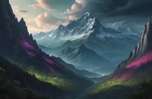 Prompt: towering mountain range, snowy peaks, lush forest, birdview, epic cinematic quality, realistic fantasy, dark hour lighting, vibrant colors, dull atmospheric, detailed scenery, highres, cinematic, realistic fantasy, epic landscape, lush forests, towering mountains, dark hour lighting, vibrant colors