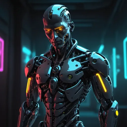 Prompt: Male cyberpunk android, cyberpunk, neon and metallic parts, futuristic, more robotic seeing parts in body, volumetric and dynamic lighting, grim, dark