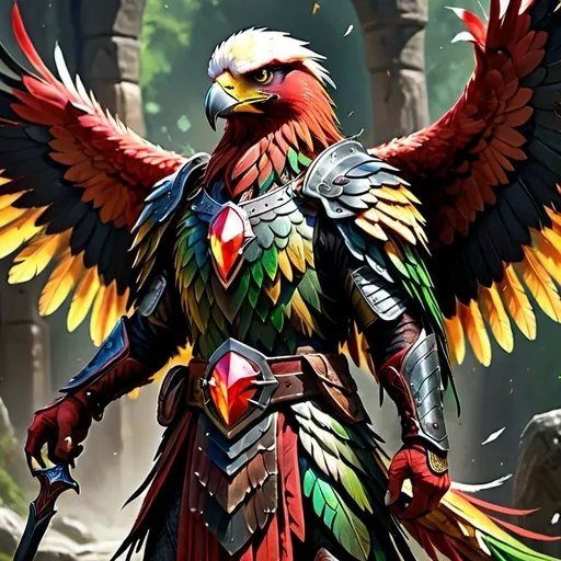 Prompt: Tall Male Aarakocra from dungeons and dragons, Tall Humanoid bird with bright vibrant red, yellow, green feathers and huge wings, spear, dramatic lighting, hyper-realistic details, with digital painting techniques, cinematic lighting, medieval fantasy, High fantasy, epic fantasy