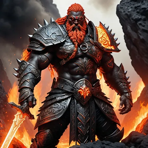 Prompt: A massive Fire Giant, 20 feet tall, muscular, with coal black dark skin. His eyes burn with a molten glow, his stern face is framed by fiery red hair in tight braids adorned with metal rings.  Thick braided beard, flows to his chest.  Fully covered with blackened steel armor with intricate flame motifs. Holding an enormous greatsword etched runes over his head.  Standing knee deep in lava. Fantasy art, full-body, fantasy armor with spikes. Norse