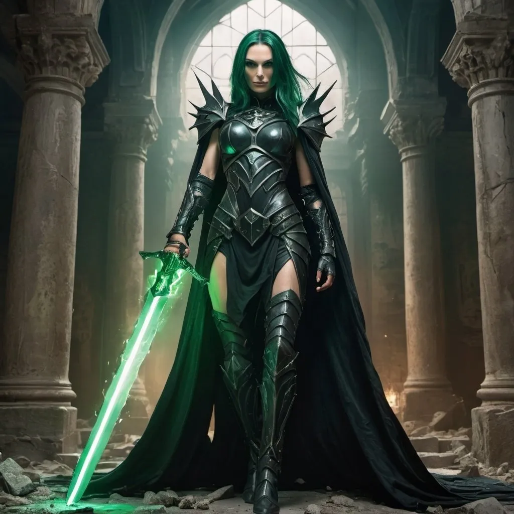 Prompt: Evil high priestess, human female, Famke Janssen, green hair, black spiked armor, holding a glowing sword aloft, black billowing cloak, standing in a ruined temple, heroic fantasy, highres, full shot, detailed, epic, unholy power, dramatic lighting, intense action, high quality