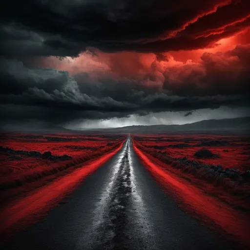 Prompt: Long Way Back from Hell, (haunting landscape), eerie atmosphere, dramatic contrasts, dark ominous clouds, scarred terrain, ghostly silhouettes, symbolic journey, vivid reds and blacks, (isolation), (mystery), cinematic depth, ultra-detailed, high resolution, a sense of struggle and perseverance, turbulent skies blending with the horizon, path winding through shadows.