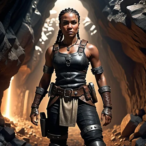 Prompt: A female human, sharp features, dark brown skin, black hair in cornrows, muscular, wearing brown and black mining gear, mining boots, standing in a mine, high quality, detailed, medieval fantasy, full body, wide shot, dramatic lighting, hyper-realistic details, with digital painting techniques, cinematic lighting, medieval fantasy, High fantasy, epic fantasy