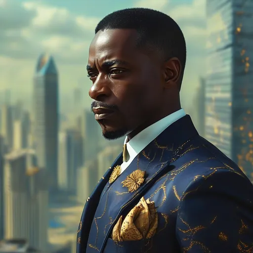 Prompt: A charismatic Nigerian man in his early 50s, standing in a sleek, high-rise office overlooking a futuristic city skyline at dusk. He wears a perfectly tailored three-piece suit in deep navy with subtle gold threading, a silk pocket square, and a discrete data-sleeve on one wrist. His expression is warm, confident, and attentive — a smile playing at the edge of his lips, but his sharp eyes betray a calculating depth. Ayo's skin is dark and smooth, his short hair precisely cut, and he wears an antique fountain pen clipped to his inner jacket. On a polished desk nearby rests a leather-bound journal, opened mid-sentence. In the background, holographic trade data floats next to a stylized piece of radical street art — a nod to his secret support of anti-corp resistance. The lighting is soft, gold and blue tones mixing to highlight both sophistication and quiet tension. Futuristic business noir, high-detail, cinematic style.
