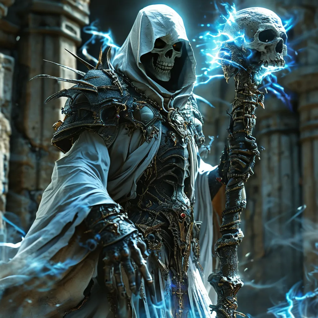 Prompt: game-rpg fantasy style, a powerful human undead lich, (hooded in white), (spiked armor), carrying an eldritch staff with a skull on top, menacing (red eyes) glowing fiercely, crackling (blue lightning) enveloping their figure, surrounded by the eerie (ruins of an ancient temple), atmospheric and haunting ambiance, high definition, ultra-detailed, cinematic lighting, evoking a sense of dread and ancient power.